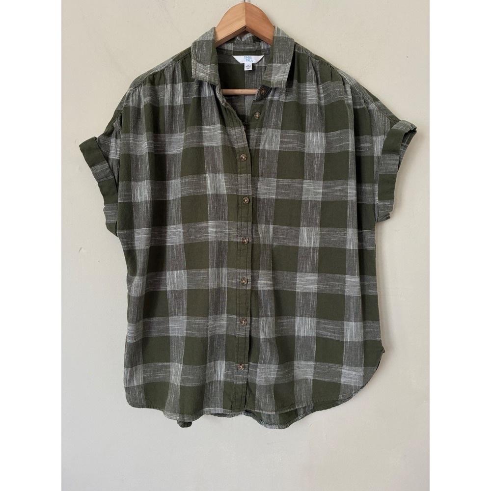 Women Olive Green Plaid Cotton Linen Button Down Shirt Medium 8-10 Cottagecore